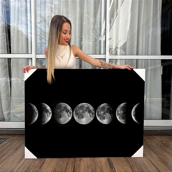 Quadro Decorativo Canvas Fases da Lua Fundo Preto Horizontal