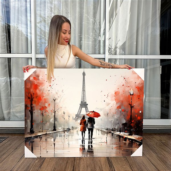 Quadro Decorativo Canvas Paisagem Pintura Casal em Frente a Torre Eiffel Horizontal