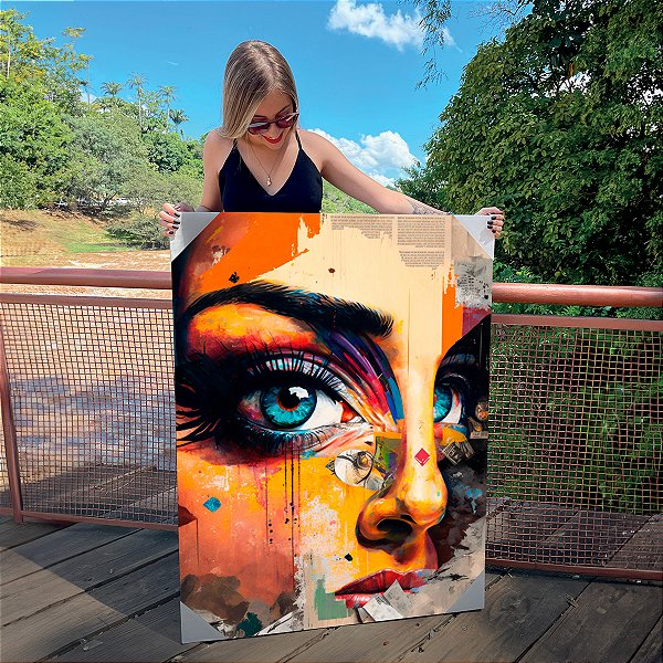Quadro Decorativo Canvas Rosto Feminino Abstrato Colorido Vertical