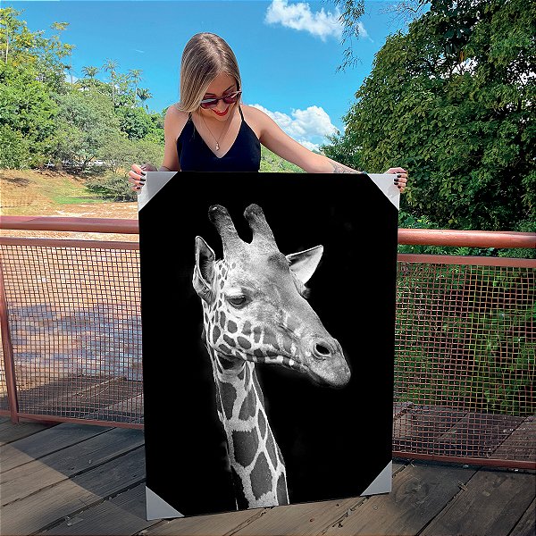 Quadro Decorativo Canvas Girafa Preto e Branco Vertical
