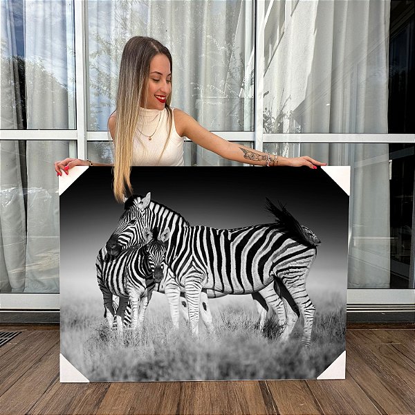 Quadro Decorativo Canvas Animais Zebras Preto e Branco Horizontal