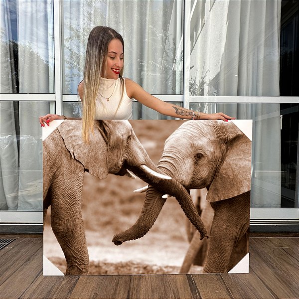 Quadro Decorativo Canvas Animais Elefantes Encostando as Trombas Horizontal