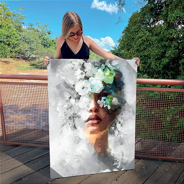 Quadro Decorativo Canvas Beleza Feminina Pintura de Face Feminina Com Flores Vertical