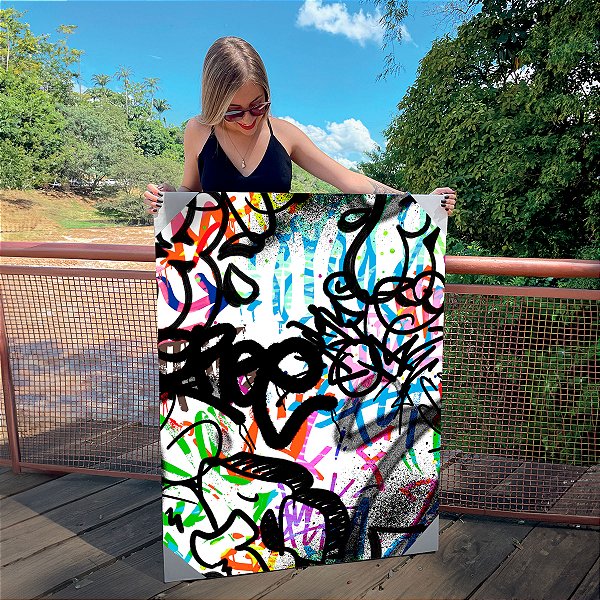 Quadro Decorativo Canvas Street Art Grafite Colorido em Tela Branca Vertical