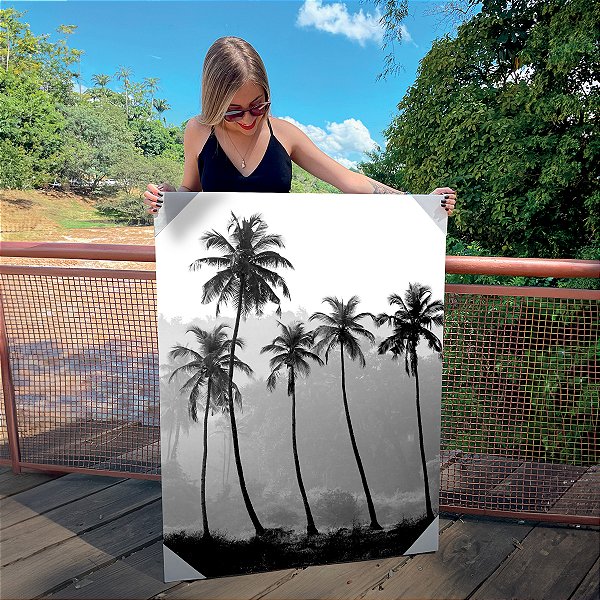 Quadro Decorativo Canvas Paisagem Tropical Palmeiras Preto e Branco Vertical