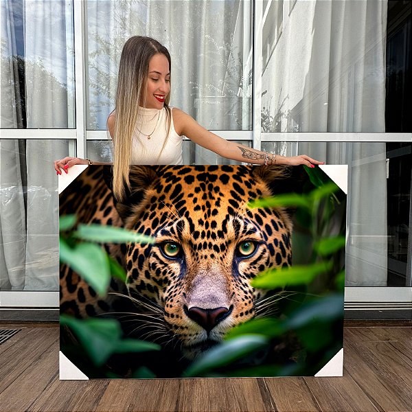 Quadro Decorativo Canvas Paisagem Selva Onça Pintada Em Meio A Folhagens Horizontal