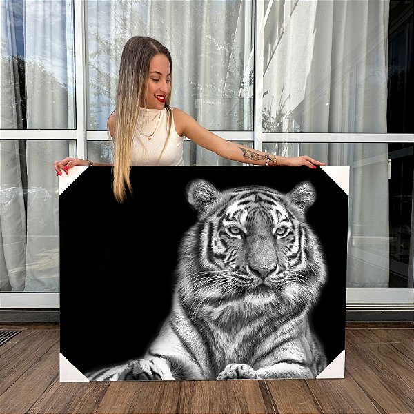 Quadro Decorativo Canvas Tigre Felino Preto e Branco Horizontal