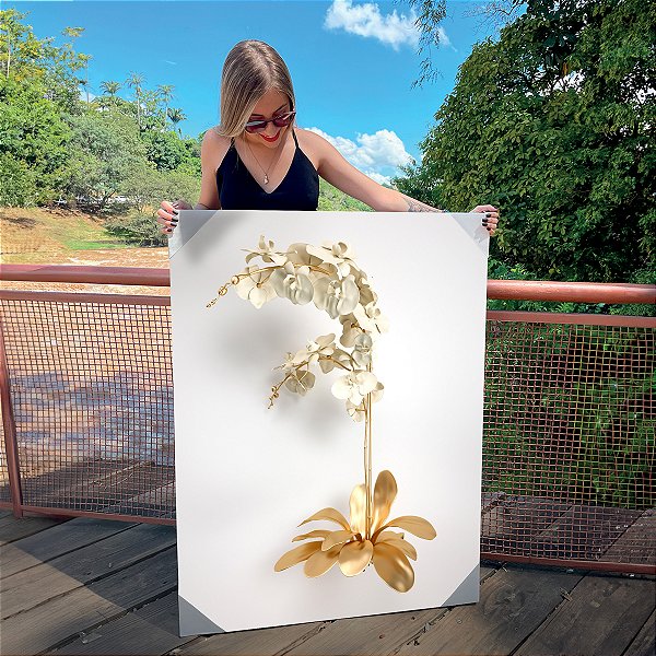 Quadro Decorativo Canvas Floral Flores Brancas Com Detalhes em Dourado Vertical