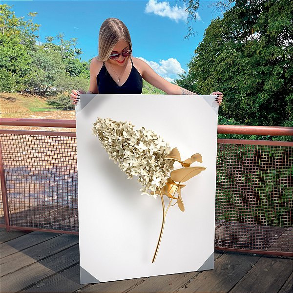 Quadro Decorativo Canvas Floral Ramo de Flores Brancas com Dourado Vertical