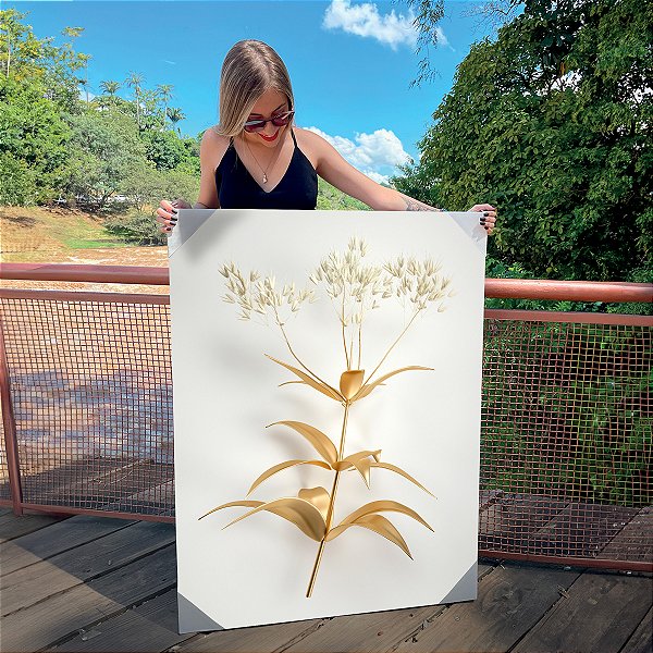 Quadro Decorativo Canvas Floral Composição de Flores Brancas com Dourado Vertical