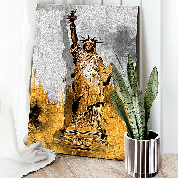 Quadro Decorativo Canvas Estátua da Liberdade Abstrata Fundo Dourado Vertical