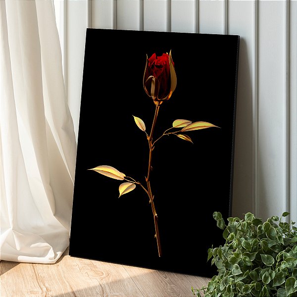 Quadro Decorativo Canvas Floral Rosa Dourada Fundo Preto