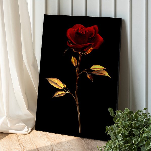 Quadro Decorativo Canvas Floral Rosa Dourada Fundo Preto
