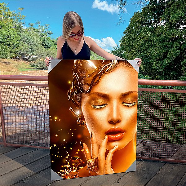 Quadro Decorativo Canvas Beleza Feminina Mulher com Maquiagem Dourada Vertical