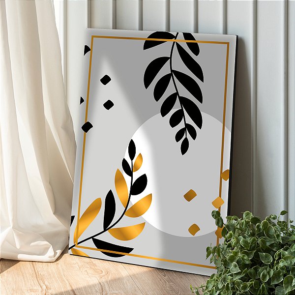 Quadro Decorativo Canvas Folhagens Pretas e Douradas Abstratas Vertical