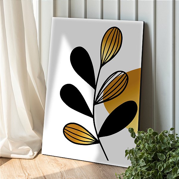 Quadro Decorativo Canvas Folhagens Pretas e Douradas Abstratas Vertical