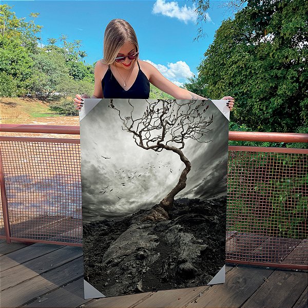 Quadro Decorativo Canvas Paisagem de Pássaros voando em Bando Próximos de Árvore Seca Vertical