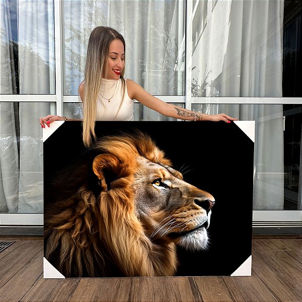Quadro Decorativo Canvas Perfil da Face Leão Rei de Judá Fundo Preto Horizontal