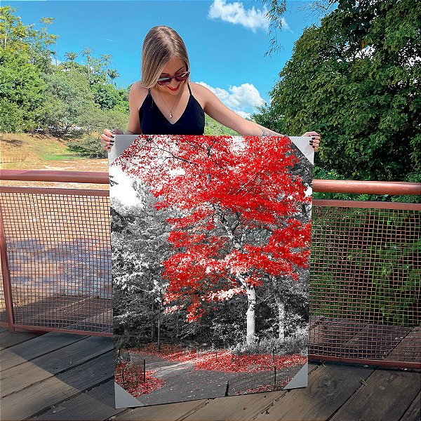 Quadro Decorativo Canvas Paisagem Árvore com Folhas Vermelhas Vertical