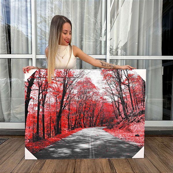 Quadro Decorativo Canvas Paisagem de Floresta com Árvores de Folhas Vermelhas Horizontal