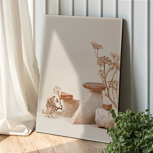 Quadro Decorativo Canvas Composição Abstrata de Pedras e Folhas I Vertical