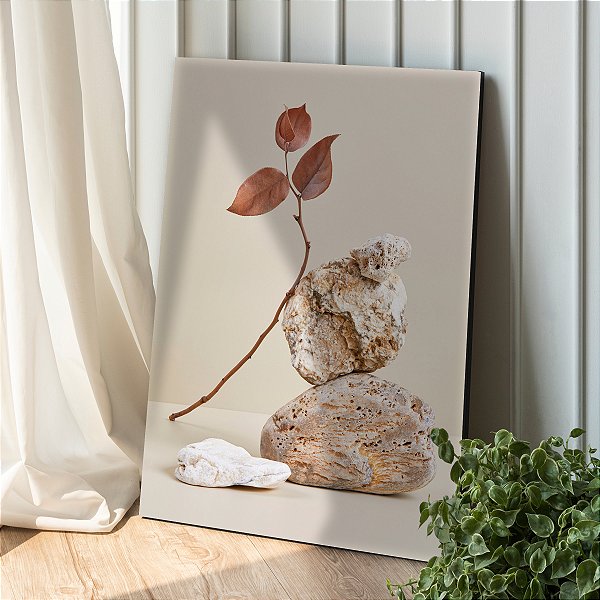Quadro Decorativo Canvas Composição Abstrata de Pedras e Folhas II Vertical