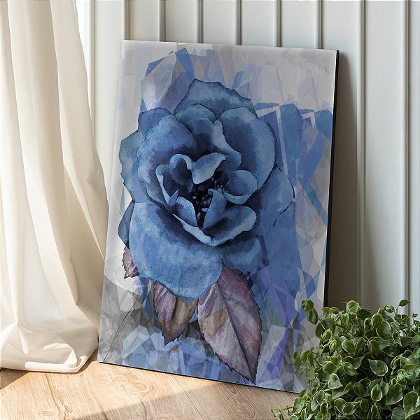 Quadro Decorativo Flutuante Nórdico Elegante Floral com Rosa na cor Azul Vertical