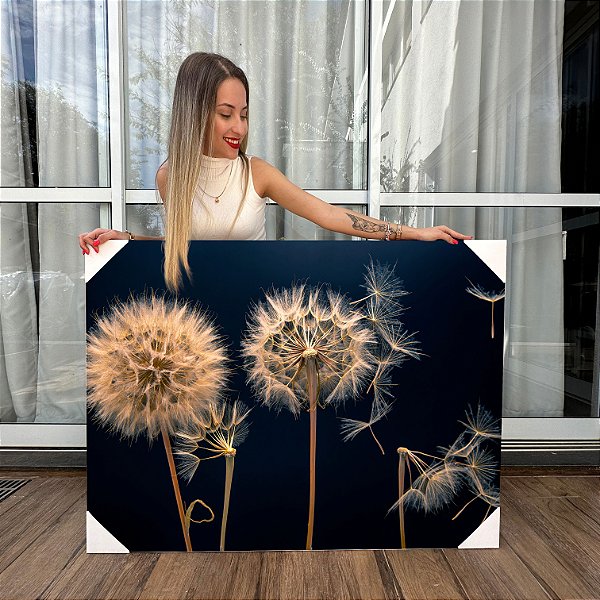 Quadro Decorativo Canvas Dentes de Leão em Detalhes Fundo Escuro Horizontal