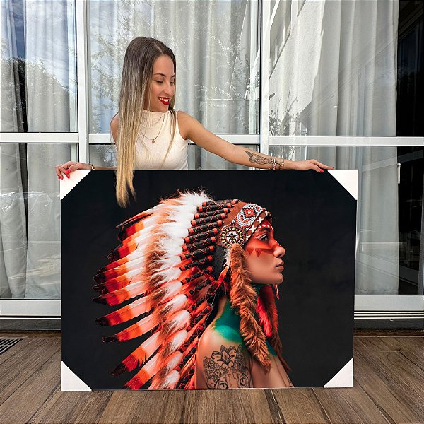 Quadro Decorativo Canvas Índia com Cocar Exuberante em Perfil Horizontal