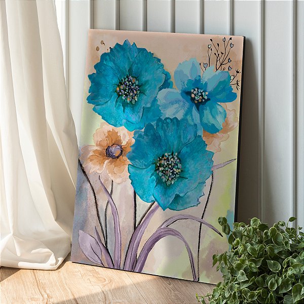 Quadro Decorativo Canvas Floral Flores Azuis Pintura a Óleo Vertical