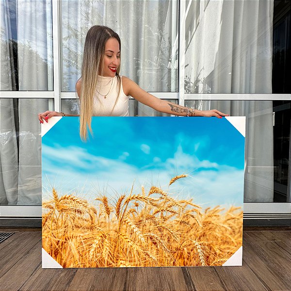 Quadro Decorativo Canvas Paisagem Campo de Trigo com Céu Azul Horizontal