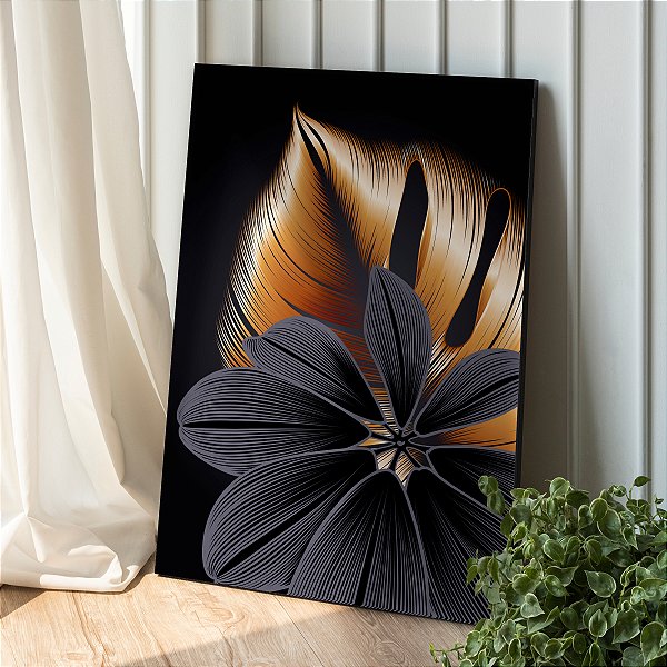 Quadro Decorativo Canvas Folhas Preta e Dourada Asbtrato Vertical