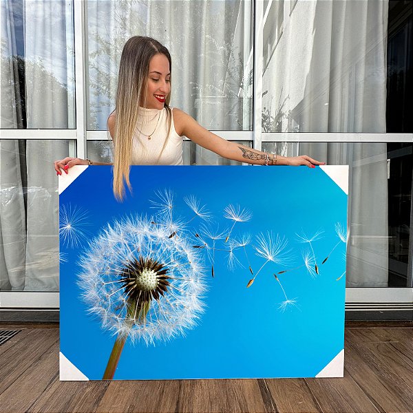 Quadro Decorativo Canvas Paisagem Dente de Leão Voando com Céu Azul Horizontal