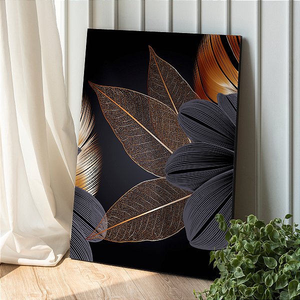 Quadro Decorativo Canvas Folhas Preta e Dourada Asbtrato Vertical