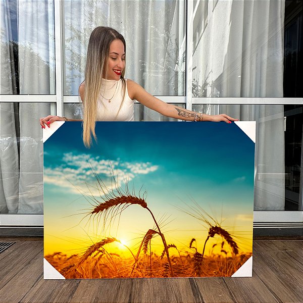 Quadro Decorativo Canvas Paisagem Campo de Trigo ao Pôr do Sol Horizontal