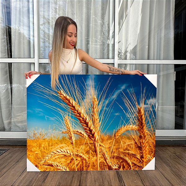 Quadro Decorativo Canvas Paisagem de Campo de Trigo com Palhas em Detalhe e Céu Azul Horizontal