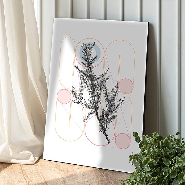 Quadro Decorativo Canvas Composição Abstrata de Formas Geométricas e Folhas Vertical