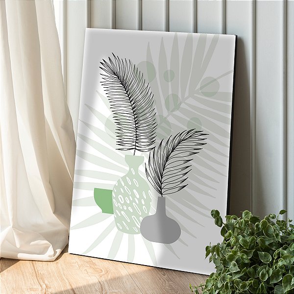 Quadro Decorativo Canvas Composição Abstrata de Vasos com Folhas Vertical