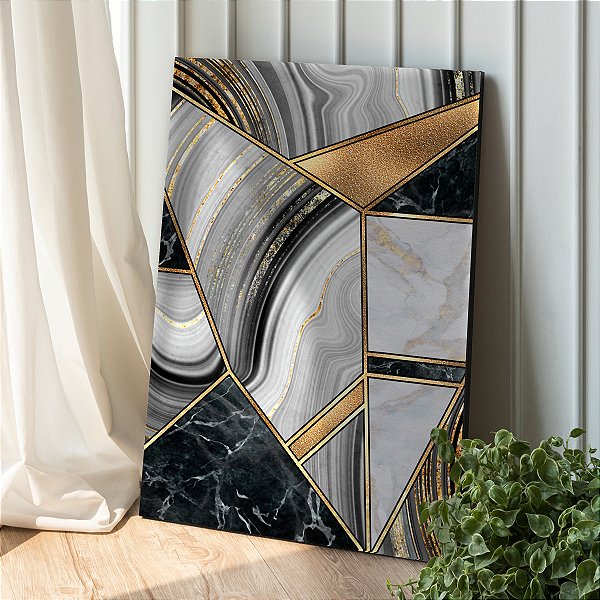 Quadro Decorativo Canvas Abstrato Mosaico Orgânico Preto, Branco e Dourado Vertical