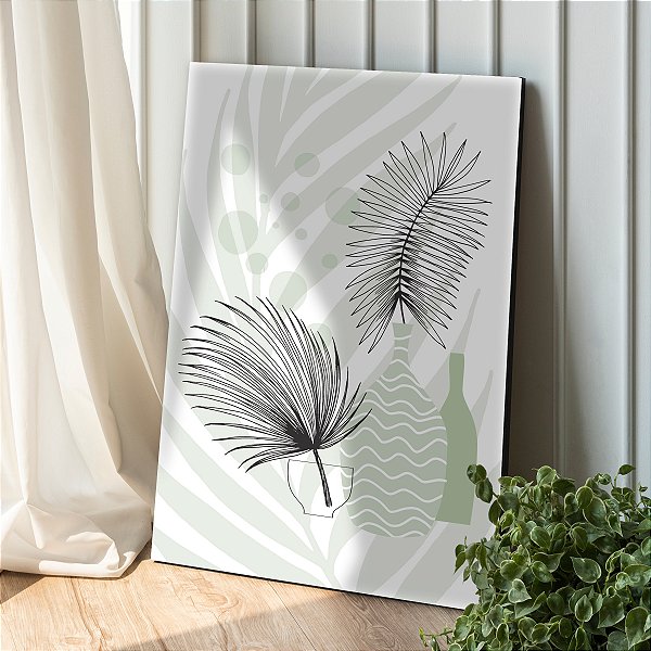 Quadro Decorativo Canvas Composição Abstrata de Vasos com Folhas Vertical