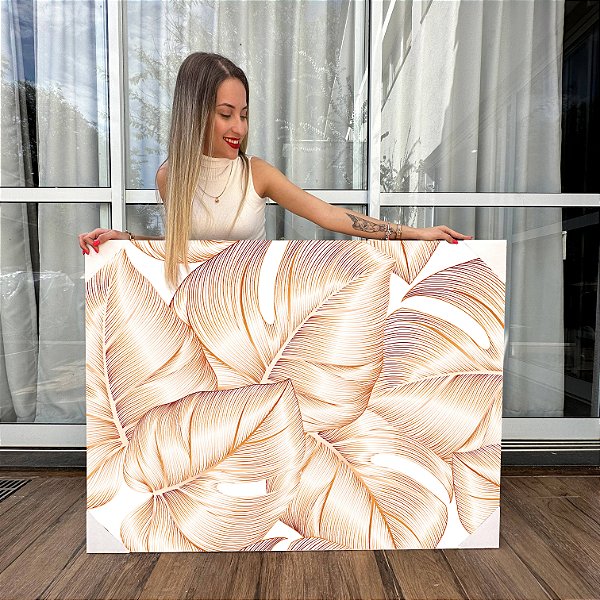 Quadro Decorativo Canvas Folhas Douradas Em Linhas Finas Horizontal