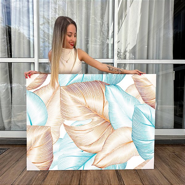 Quadro Decorativo Canvas Folhas Douradas e Azuis Em Linhas Finas Horizontal