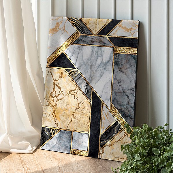 Quadro Decorativo Canvas Abstrato Mosaico Orgânico Preto, Branco e Dourado Vertical