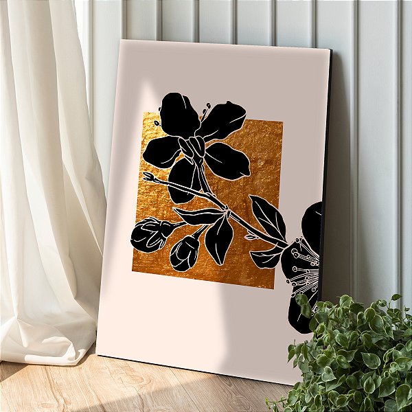 Quadro Decorativo Canvas Flores em Preto com Fundo Gold Vertical