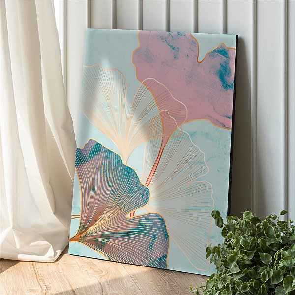 Quadro Decorativo Canvas Flores em Silhueta de Linhas Finas Gold Com Cores Azul e Rose Vertical