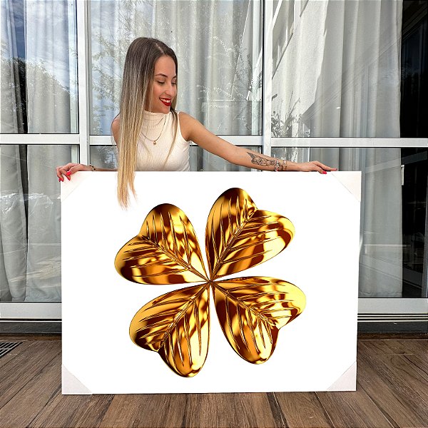 Quadro Decorativo Canvas Representação Abstrata de Trevo de Quatro Folhas em Ouro Gold Horizontal