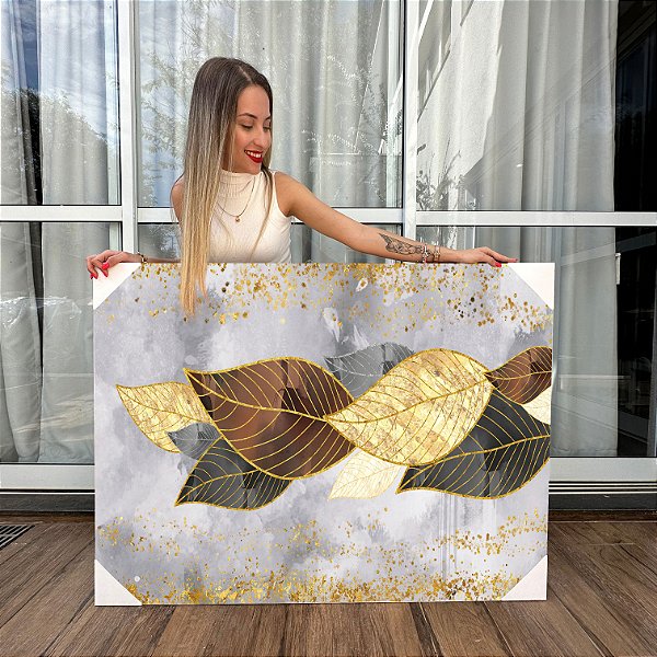 Quadro Decorativo Canvas Pintura de Folhas Coloridas em Detalhes Dourados Gold Horizontal
