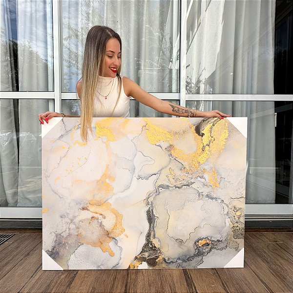 Quadro Decorativo Canvas Composição Abstrata Marmorizado Abstrato Cinza e Dourado Horizontal