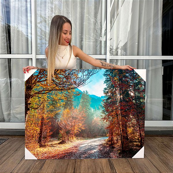 Quadro Decorativo Canvas Paisagem Estrada de Terra Cercada Por Floresta no Outono Horizontal