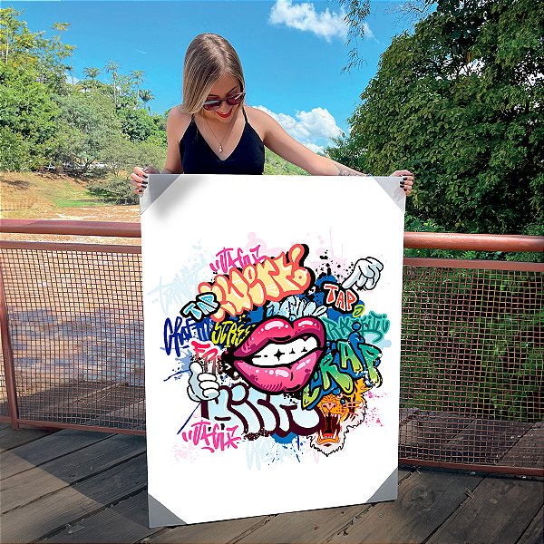 Quadro Decorativo Canvas Street Art com Boca e Palavras Coloridas Horizontal